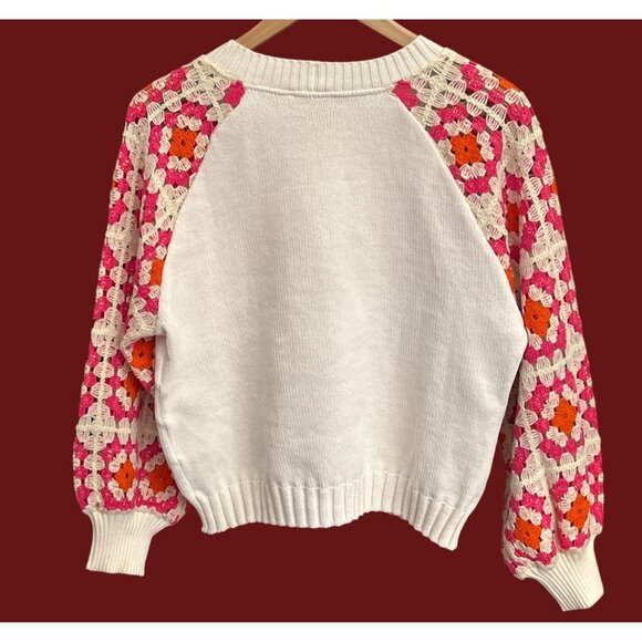 Zara Crochet Sleeve Granny Square Sweater Boho Retro Colorful Knit Pullover - Picture 5 of 8